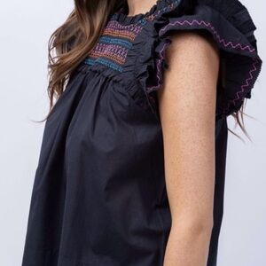 Anthropologie Love the Label smocked black ruffled sleeve blouse sz Medium boho
